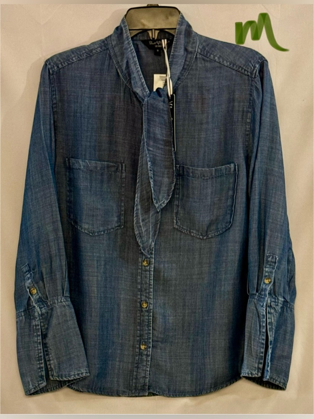 Velvet Heart Indigo Denim-Look Tie-Neck Button-Front Shirt